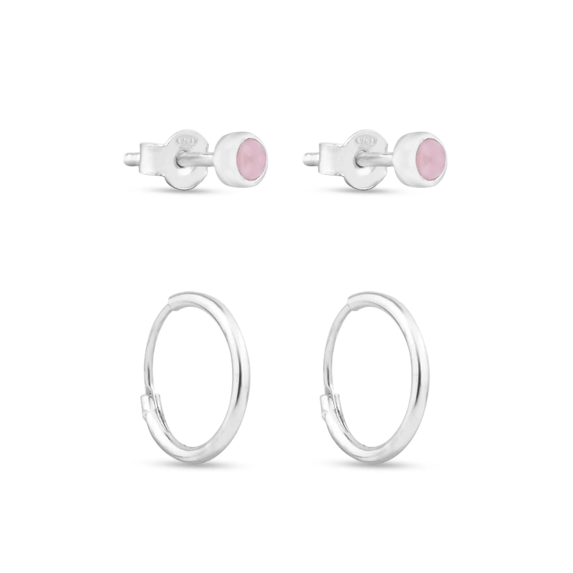 925 Pure Sterling Silver Rose Quartz Stud And Hoops Set Of Two