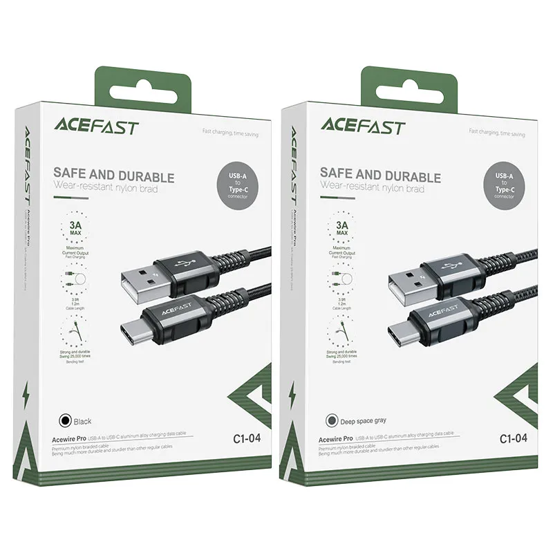 ACEFAST C1-04 USB-A TO USB-C ALUMINUM ALLOY CHARGING DATA CABLE (3A MAX) (1.2M), Type-C Cable, Android Cable, Charging Cable, 3A Cable, Data Cable