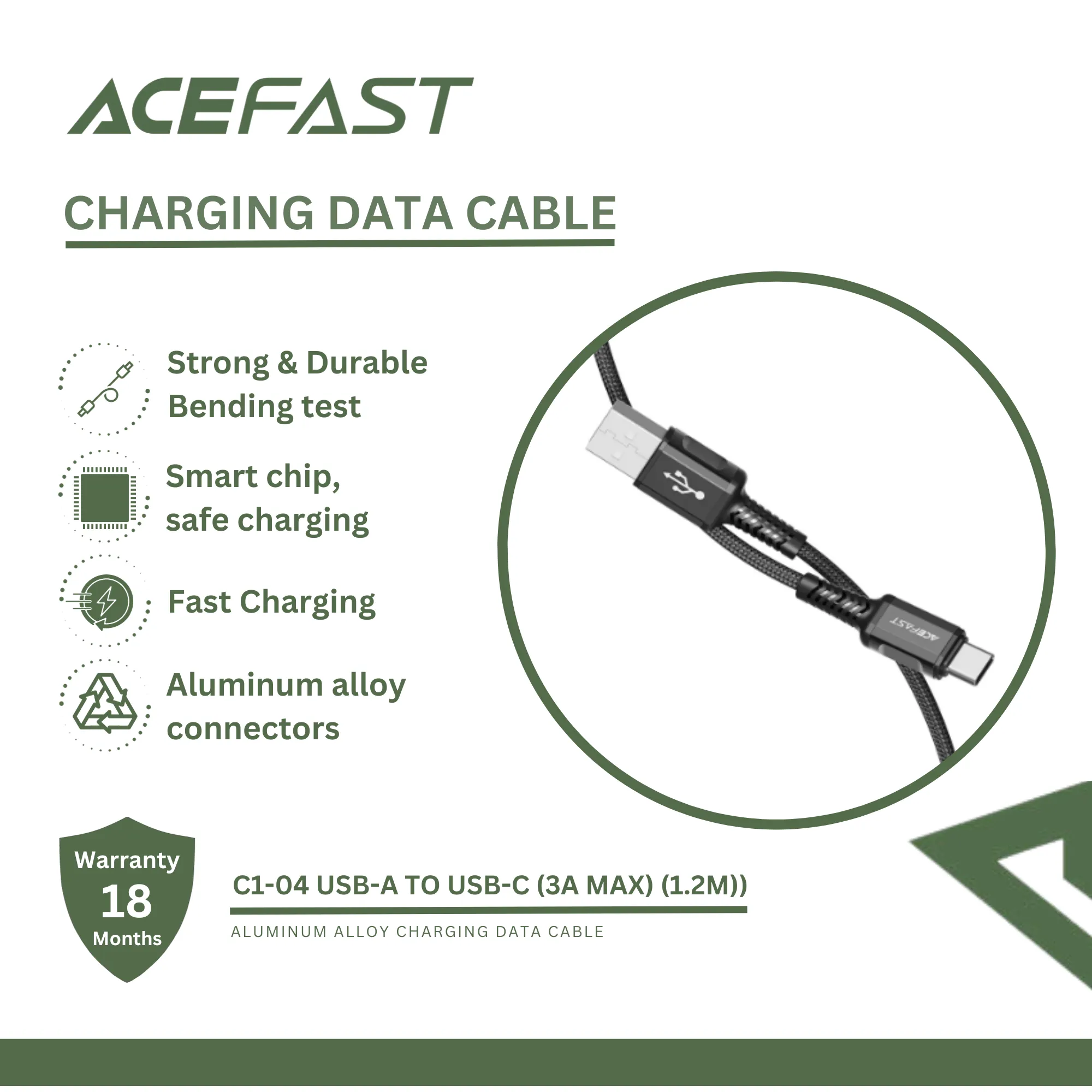 ACEFAST C1-04 USB-A TO USB-C ALUMINUM ALLOY CHARGING DATA CABLE (3A MAX) (1.2M), Type-C Cable, Android Cable, Charging Cable, 3A Cable, Data Cable