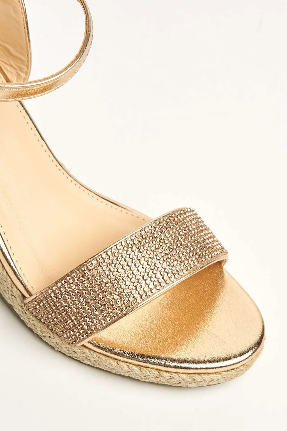 Adriel Diamante Embellished Band Anklestrap Wedges in Rose Gold