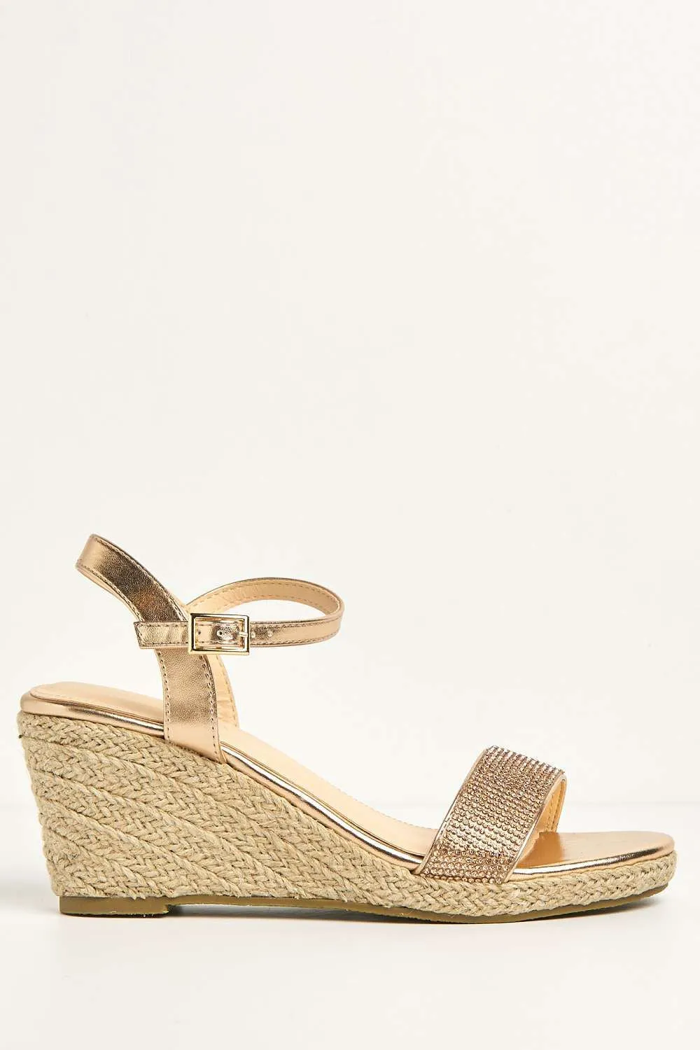 Adriel Diamante Embellished Band Anklestrap Wedges in Rose Gold