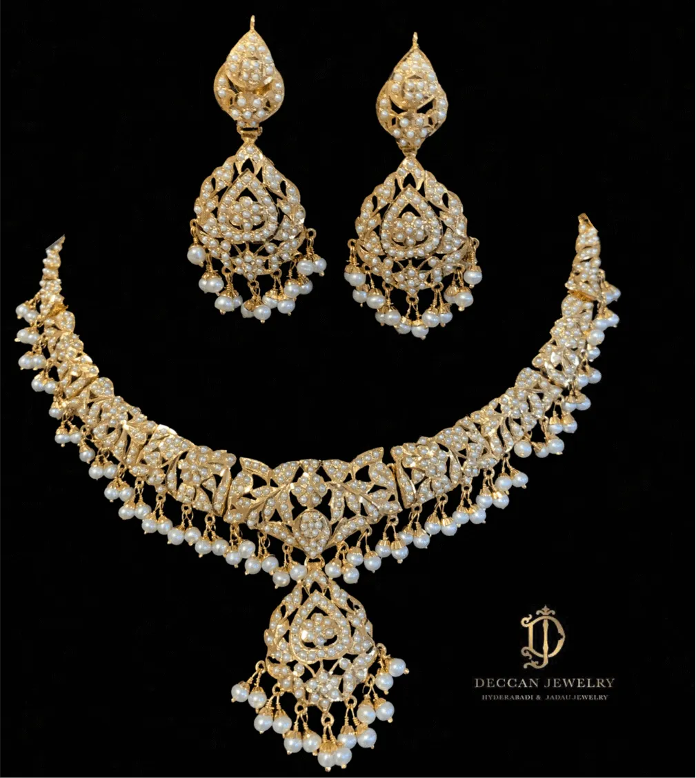 All Pearl Jadau Necklace Set in Gold Plated Sterling Silver NS 058