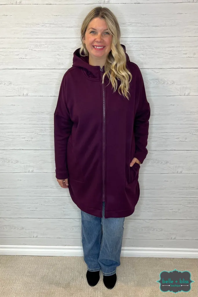 Amelia Zip Up Longline Hooded Jacket - Plum