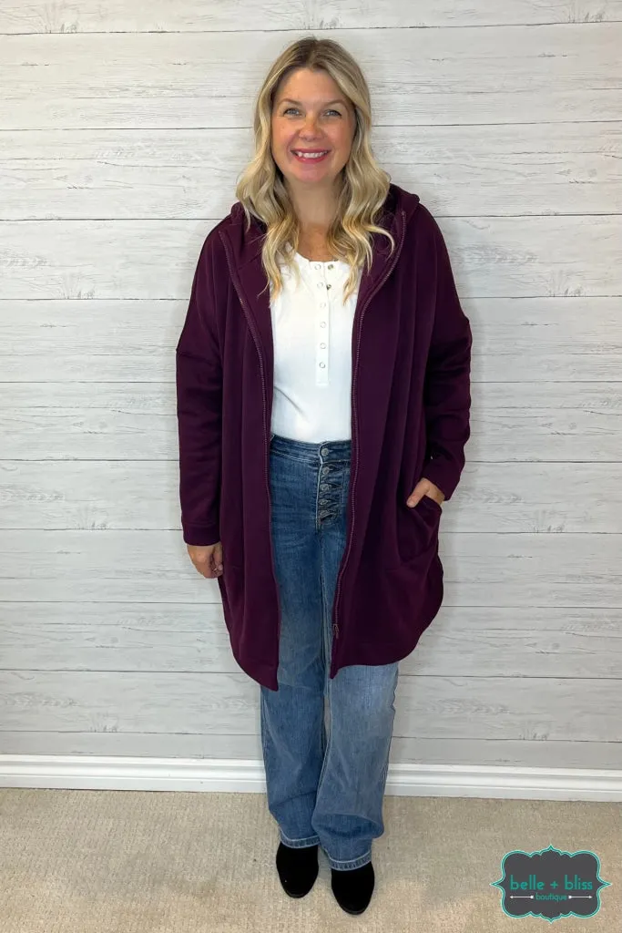 Amelia Zip Up Longline Hooded Jacket - Plum