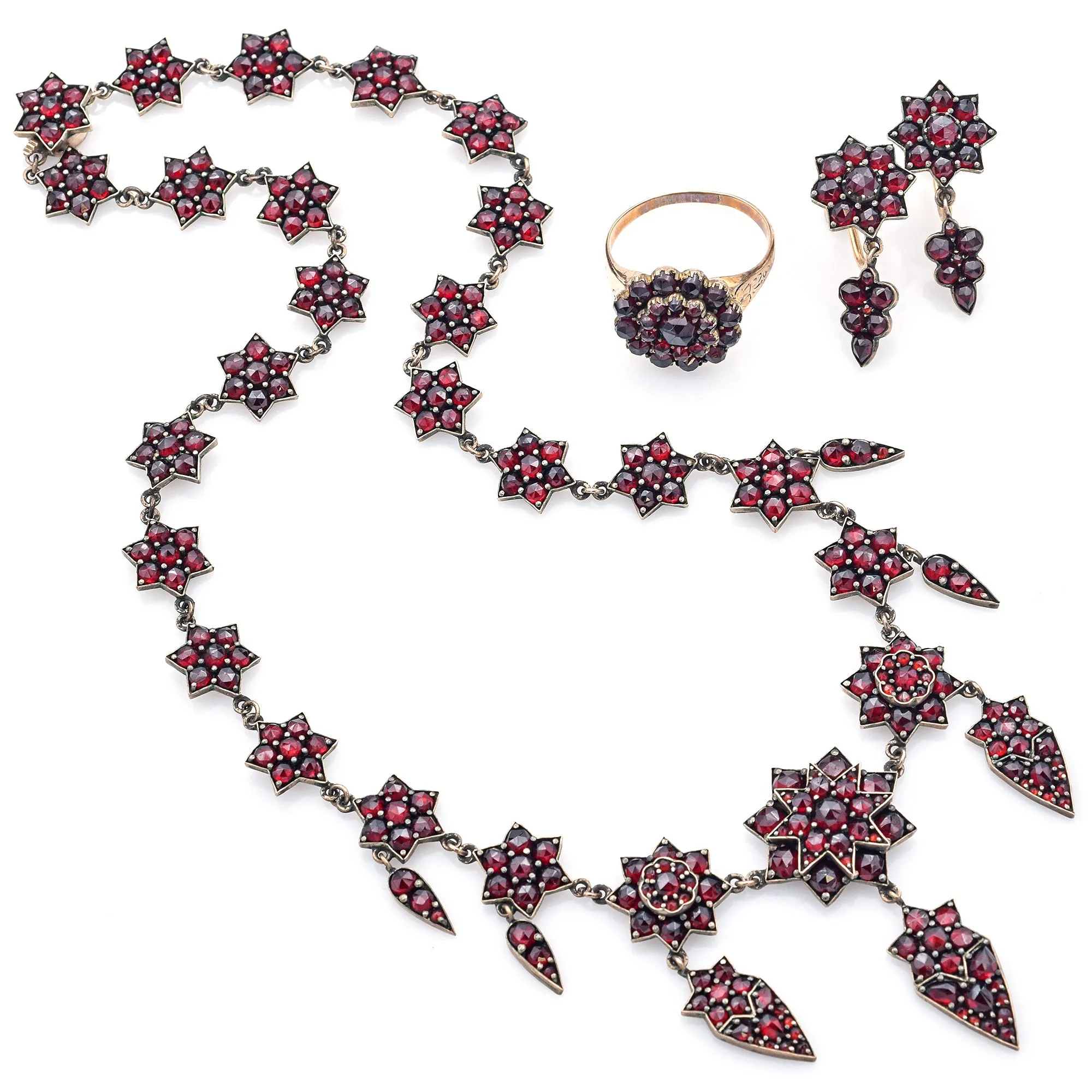 Antique Garnet 8K Gold Ring, Sterling Silver Necklace & Earrings Set Pouch