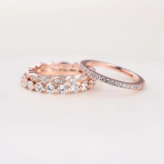 Art Deco Rose Golden Tone 3-Pieces Stackable Wedding Band Set