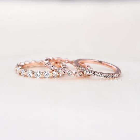 Art Deco Rose Golden Tone 3-Pieces Stackable Wedding Band Set