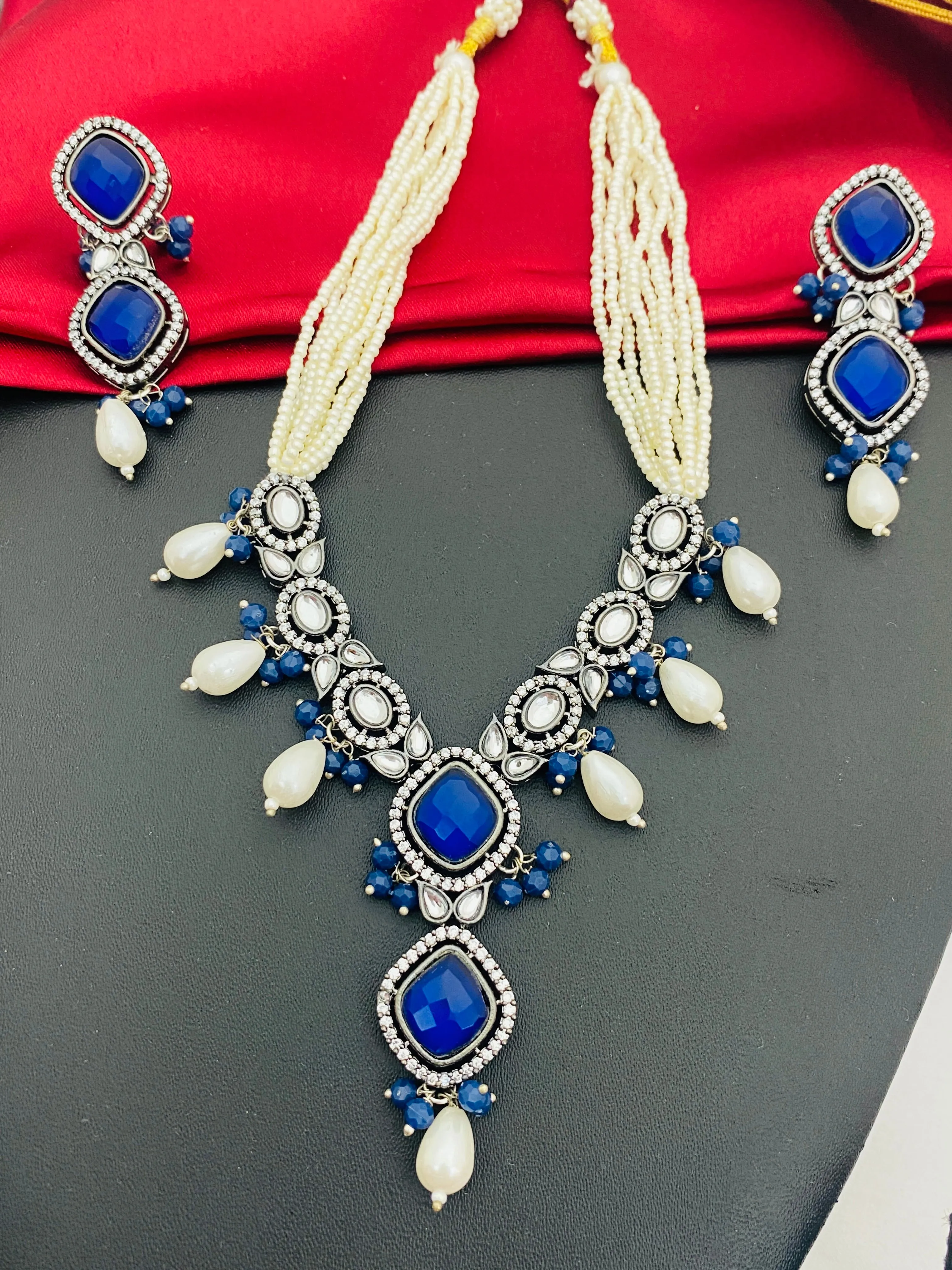 Beautiful Blue Stone Studded Silver Toned Oxidized Pearl Necklace Set With Matching Earrings