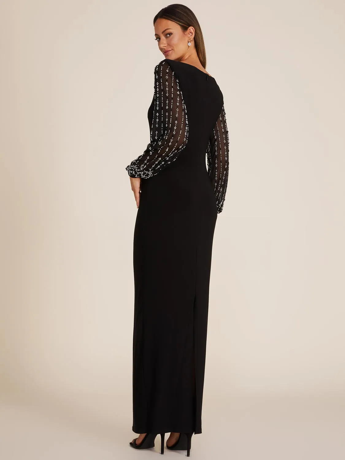 Boat Neck Gown With Jewelled Long Sleeves