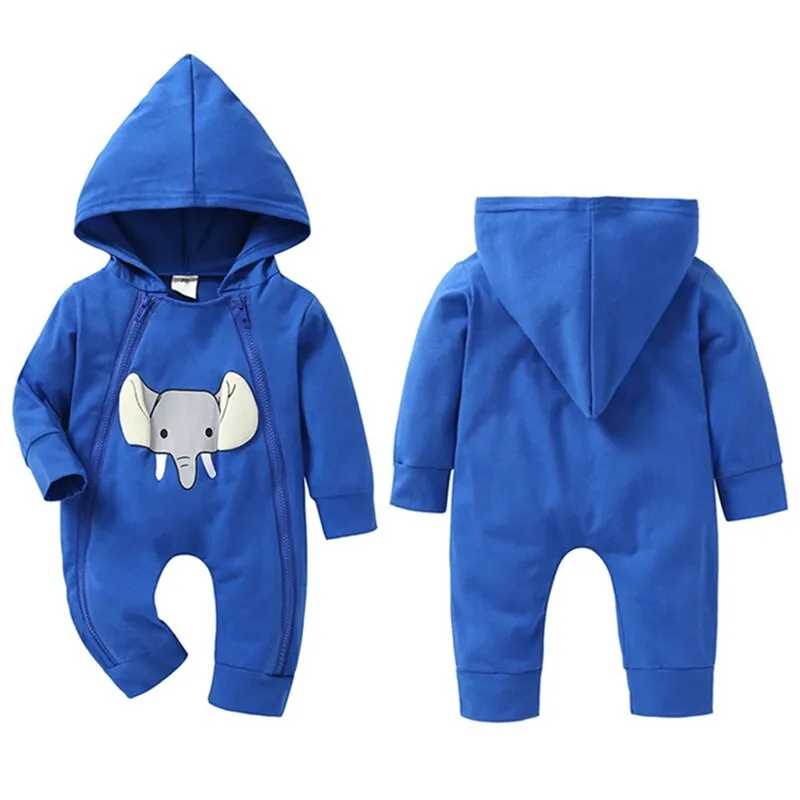 Boys And Girls Elephant Print Hooded Rompers