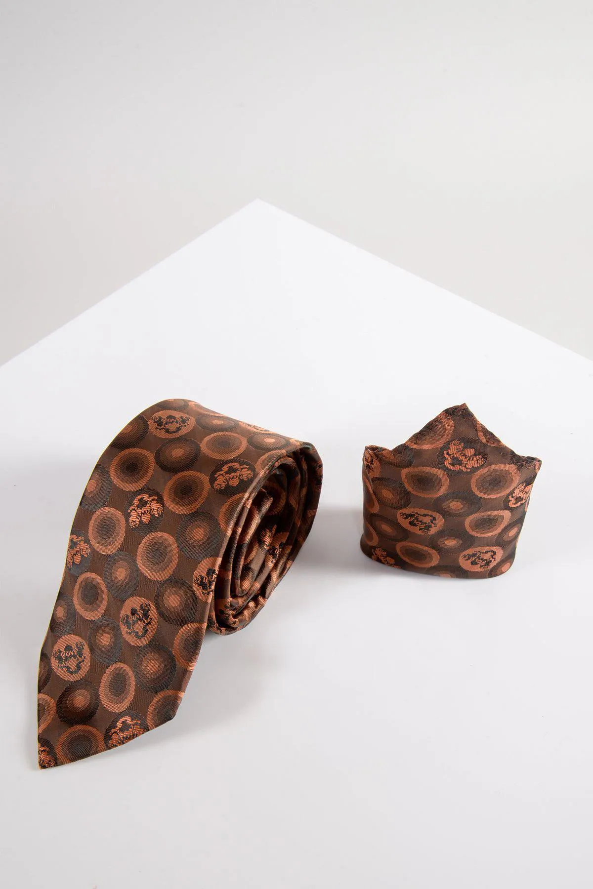 BUBBLES - Orange Brown Bubble Circle Print Tie and Pocket Square Set