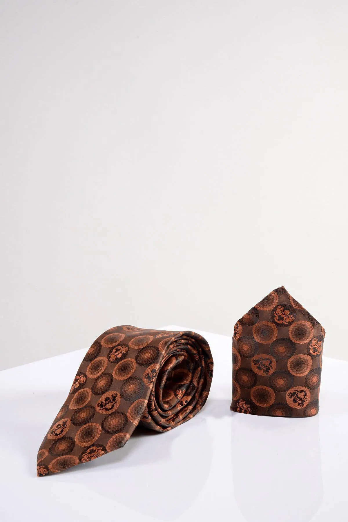 BUBBLES - Orange Brown Bubble Circle Print Tie and Pocket Square Set