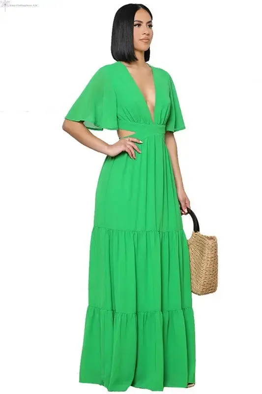 Chiffon Maxi Dress with Sleeves Deep V-neck