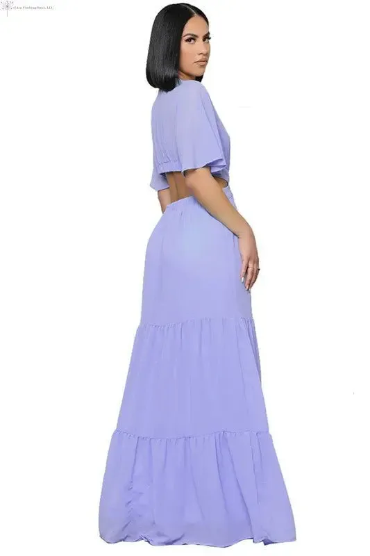 Chiffon Maxi Dress with Sleeves Deep V-neck