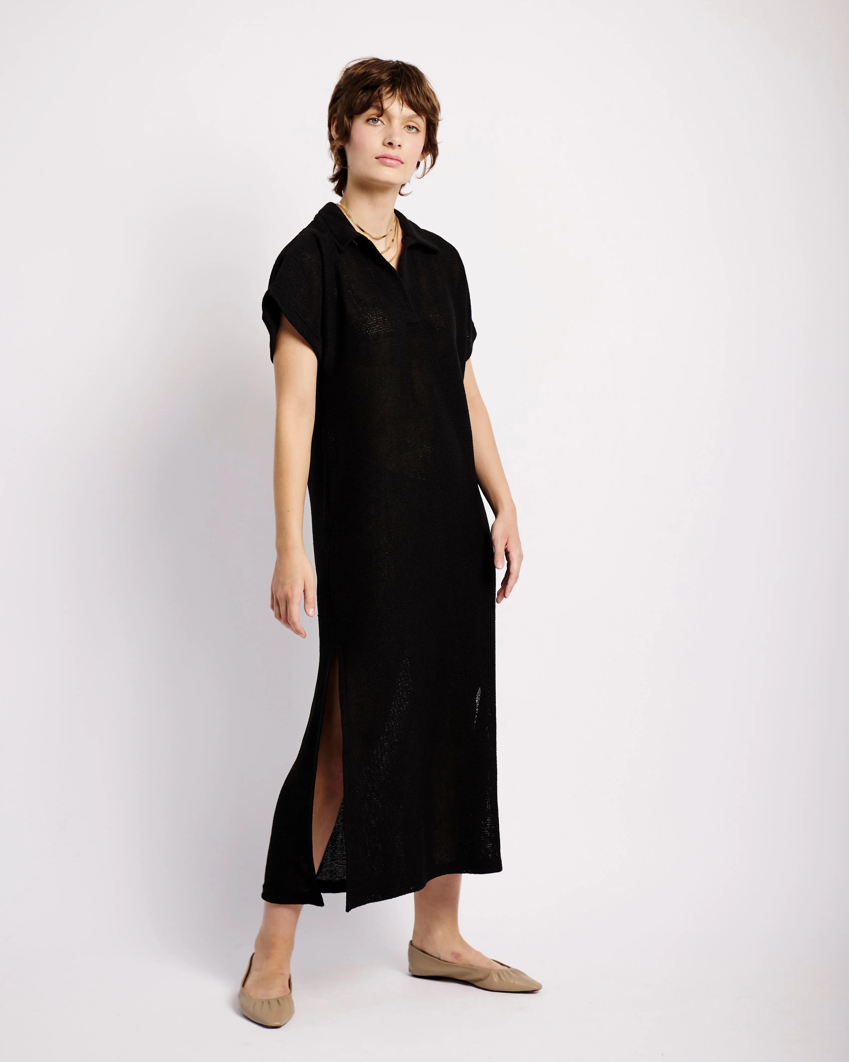 Collared Maxi Knit Dress in Black