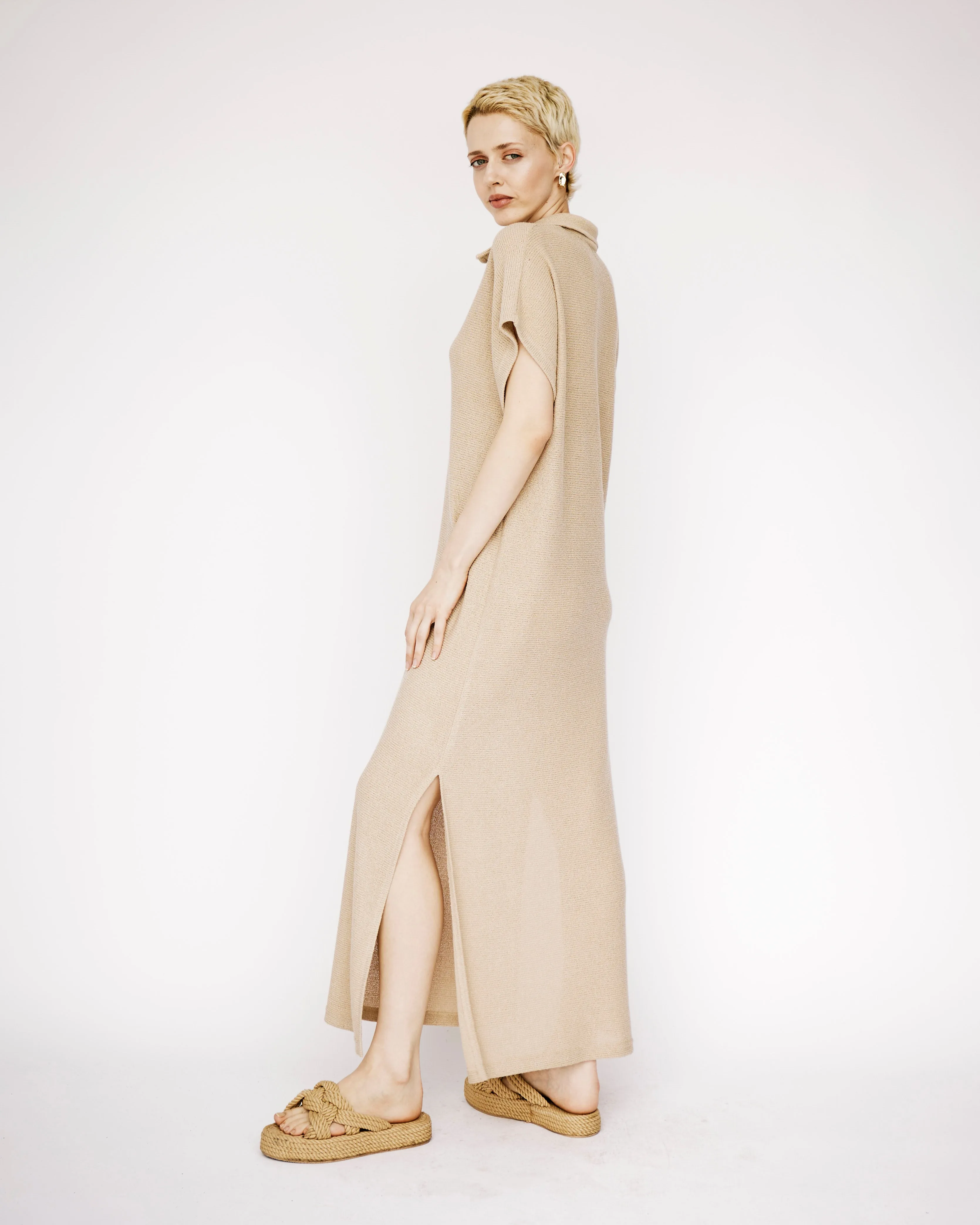 Collared Maxi Knit Dress in Natural