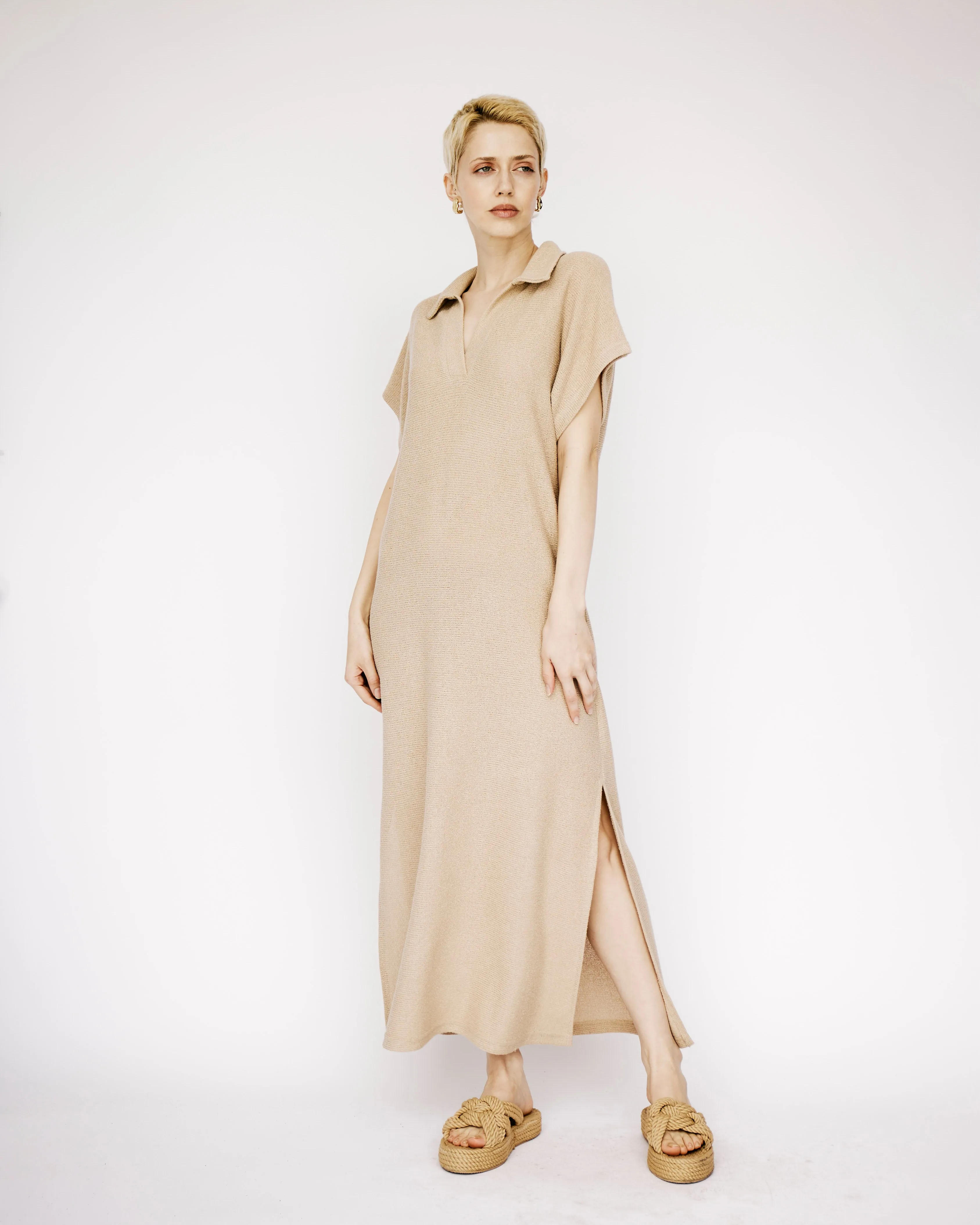 Collared Maxi Knit Dress in Natural