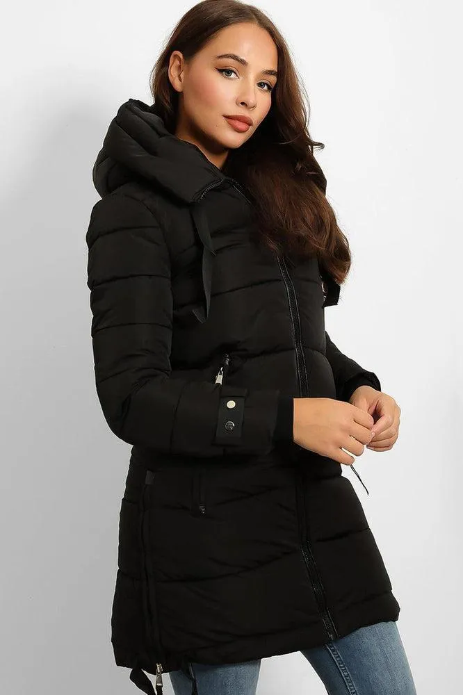 Contrast Black Details Hooded Midi Puffer Jacket