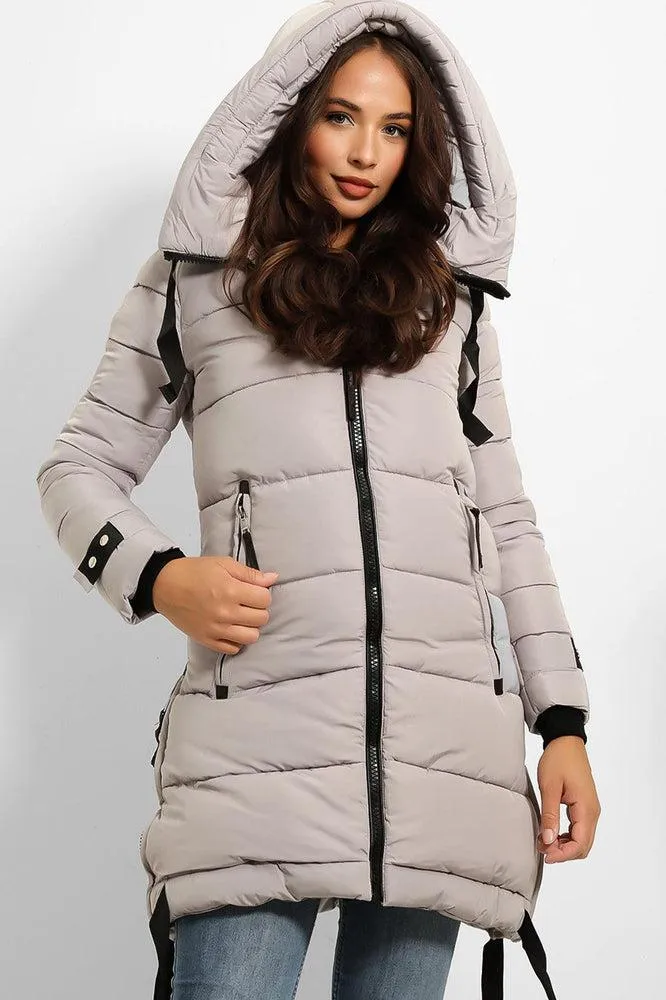 Contrast Black Details Hooded Midi Puffer Jacket