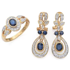 Estate 14K Yellow Gold 1.72 TCW Sapphire & 0.42 TCW Diamond Earrings & Ring Set