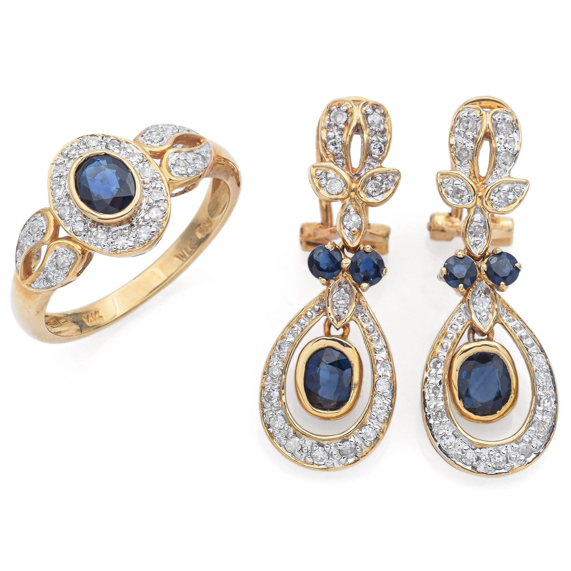 Estate 14K Yellow Gold 1.72 TCW Sapphire & 0.42 TCW Diamond Earrings & Ring Set