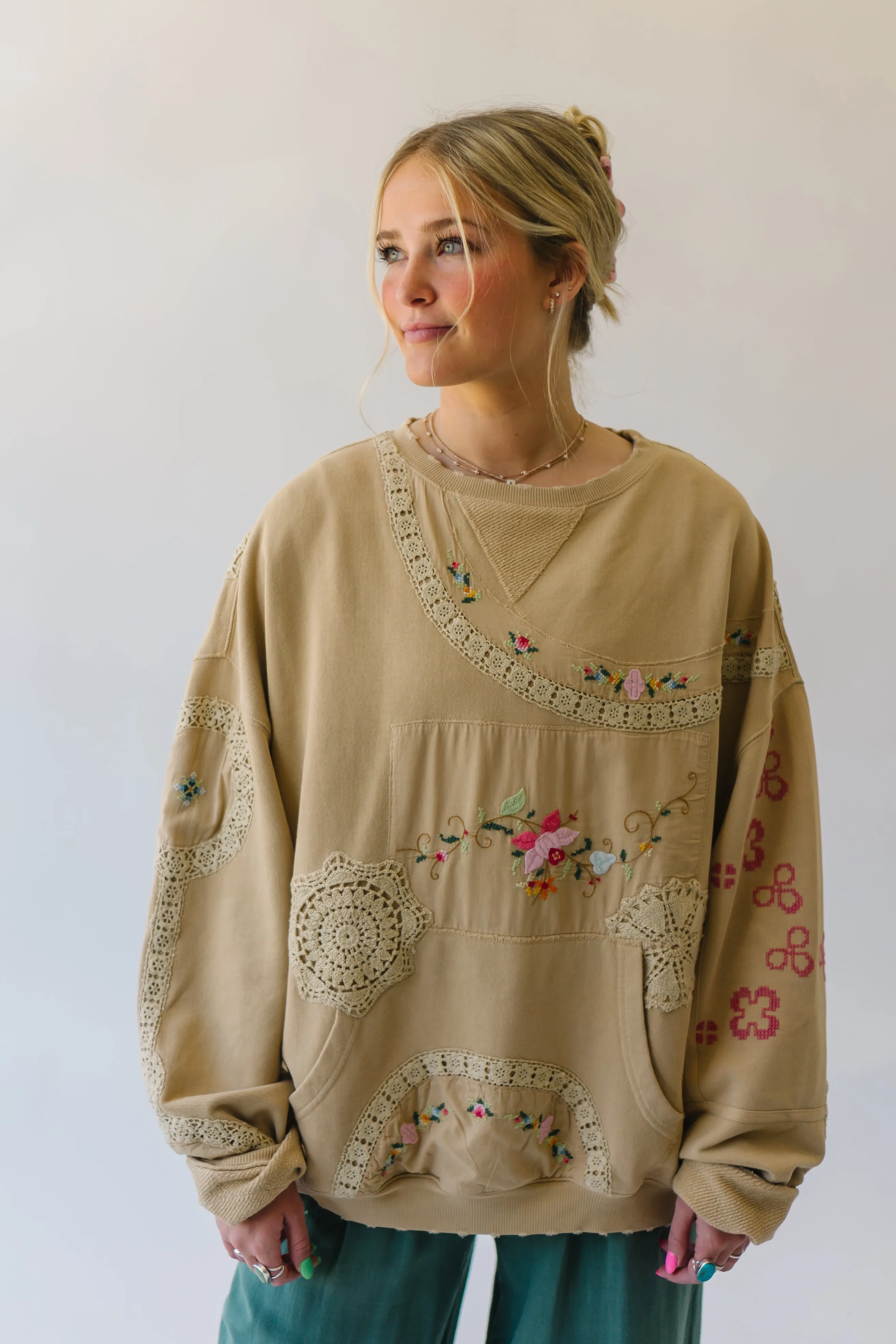 Free People: Grams Attic Sweatshirt in Mushroom Combo