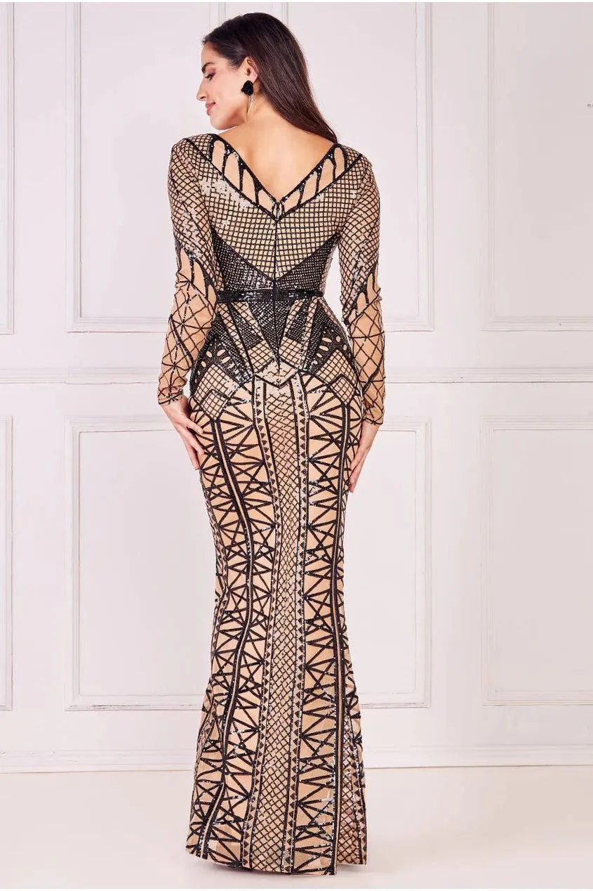 Goddiva Geometric Sequin Plunge Maxi Dress