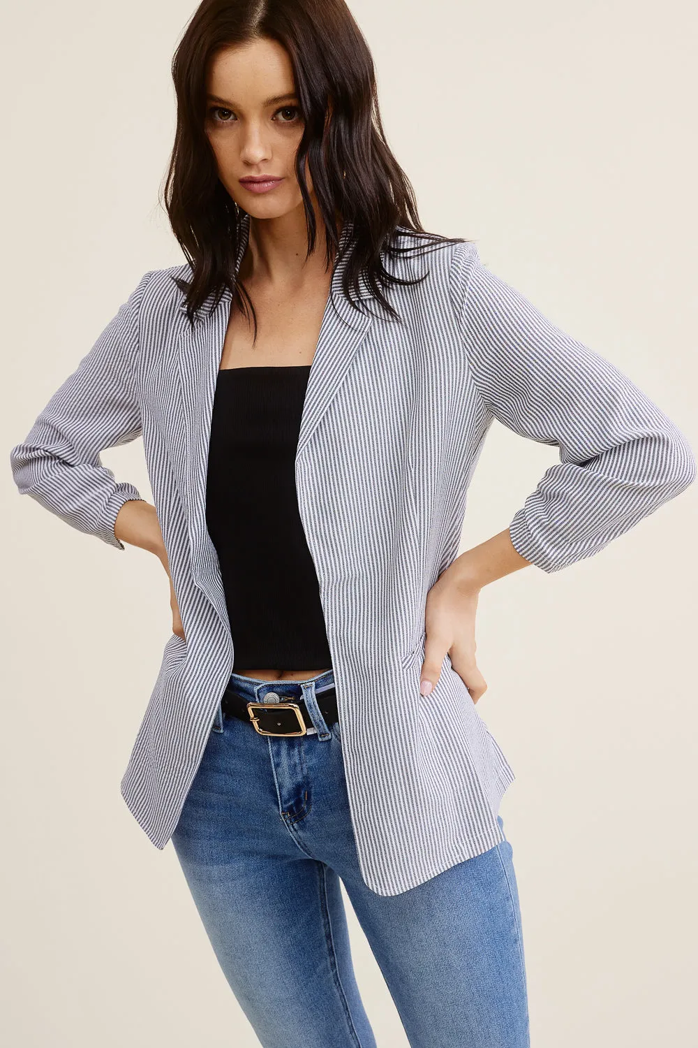 Grey and White Striped Linen Blazer