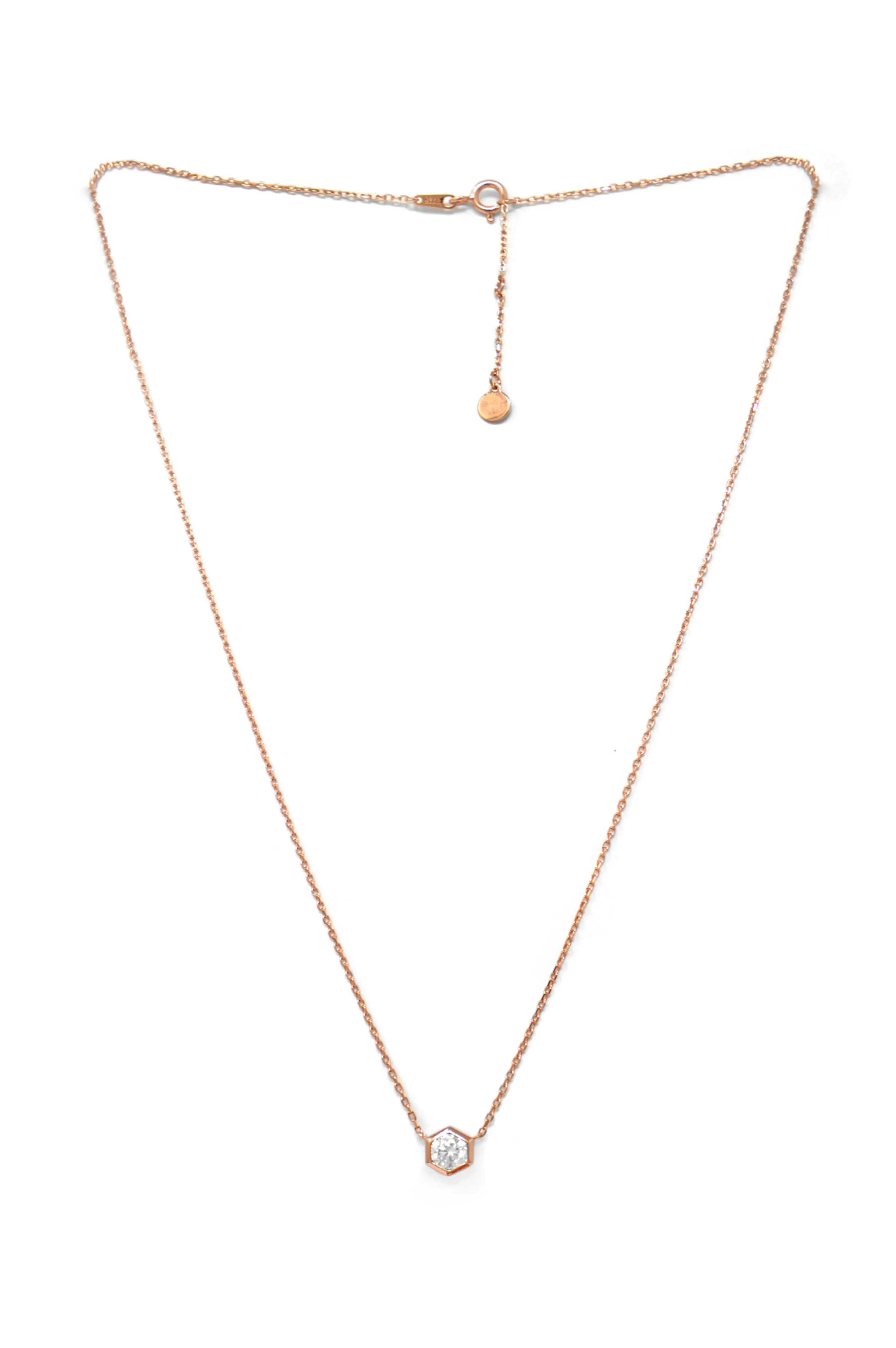 Hexagon Solitaire Bling Rose Gold Plated Sterling Silver Chain Necklace