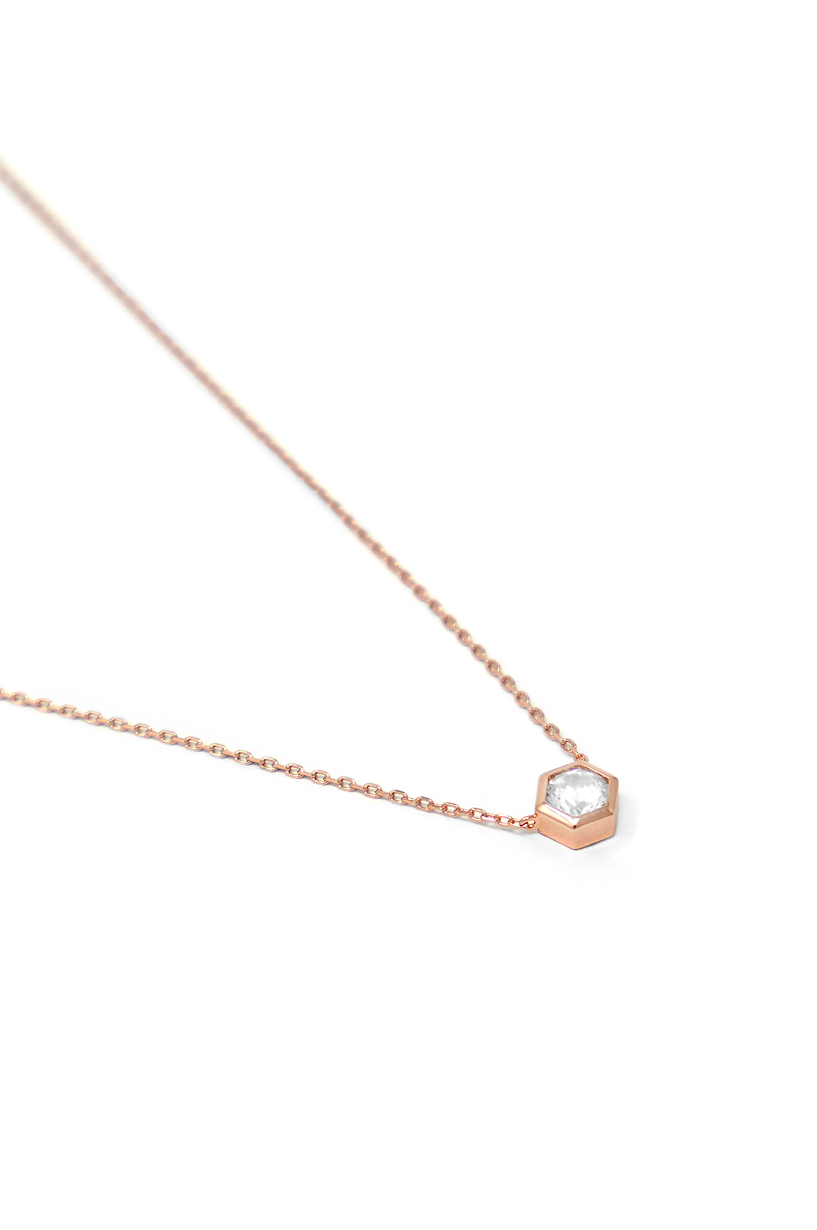 Hexagon Solitaire Bling Rose Gold Plated Sterling Silver Chain Necklace