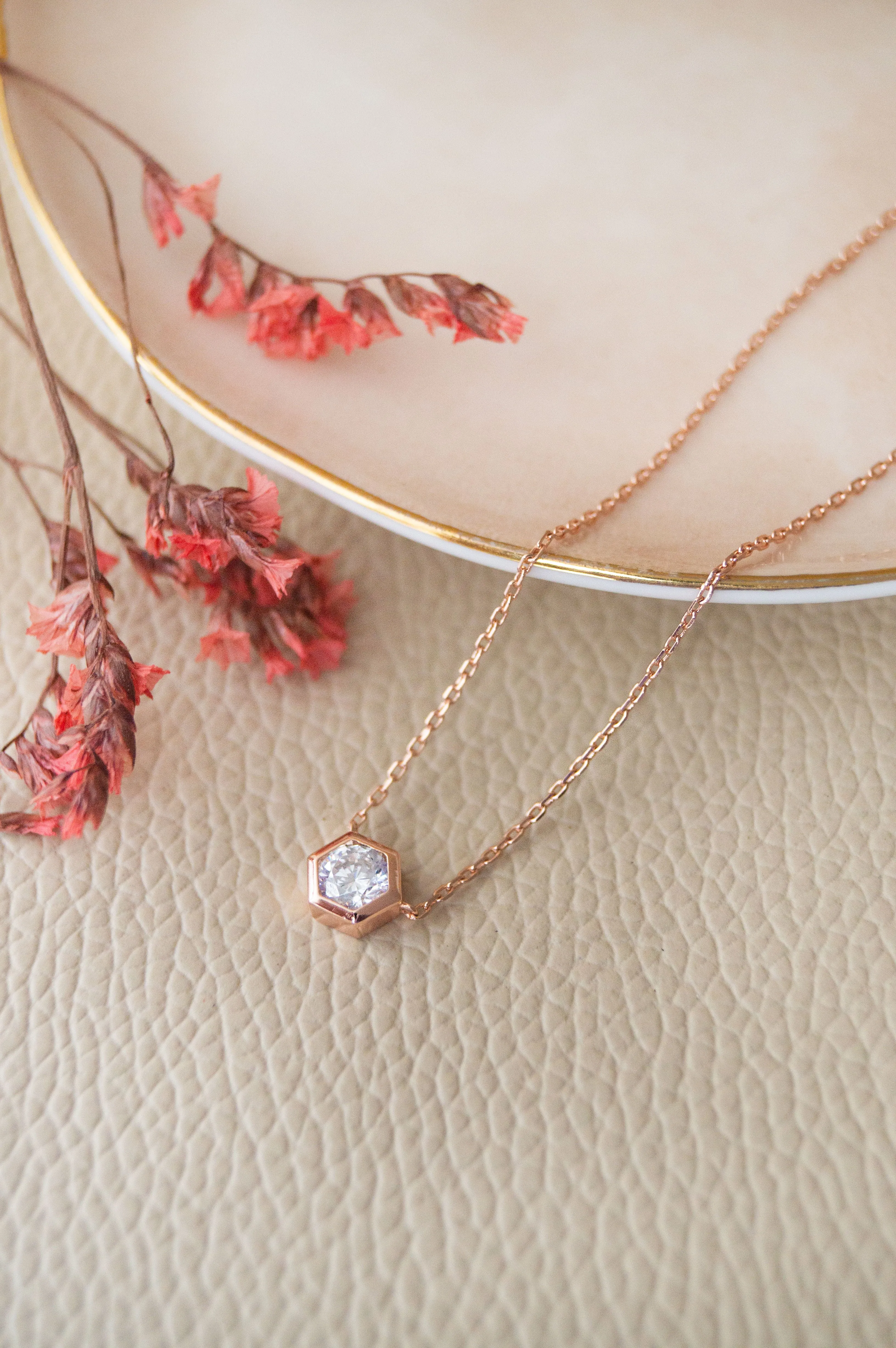 Hexagon Solitaire Bling Rose Gold Plated Sterling Silver Chain Necklace