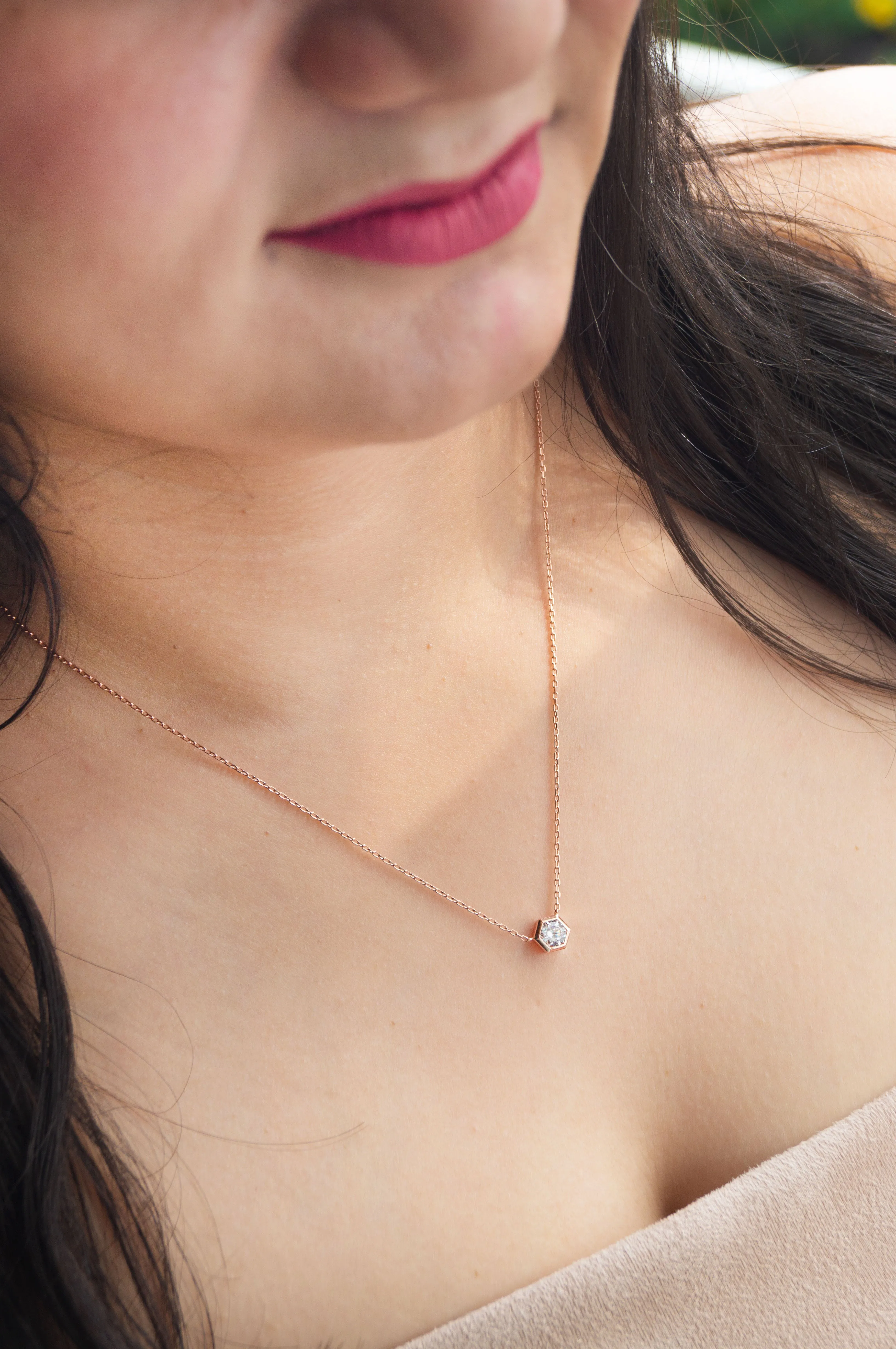 Hexagon Solitaire Bling Rose Gold Plated Sterling Silver Chain Necklace