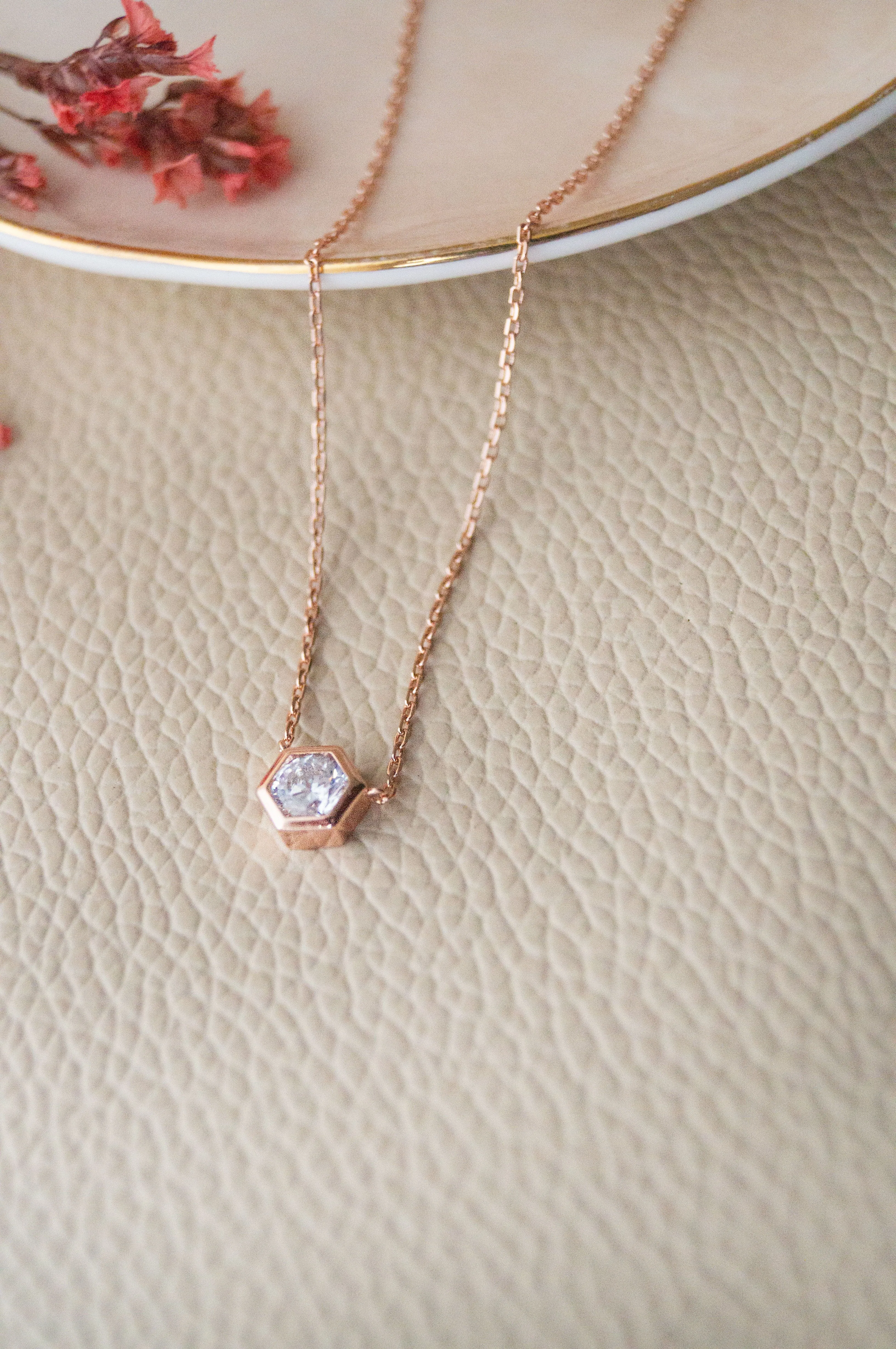 Hexagon Solitaire Bling Rose Gold Plated Sterling Silver Chain Necklace