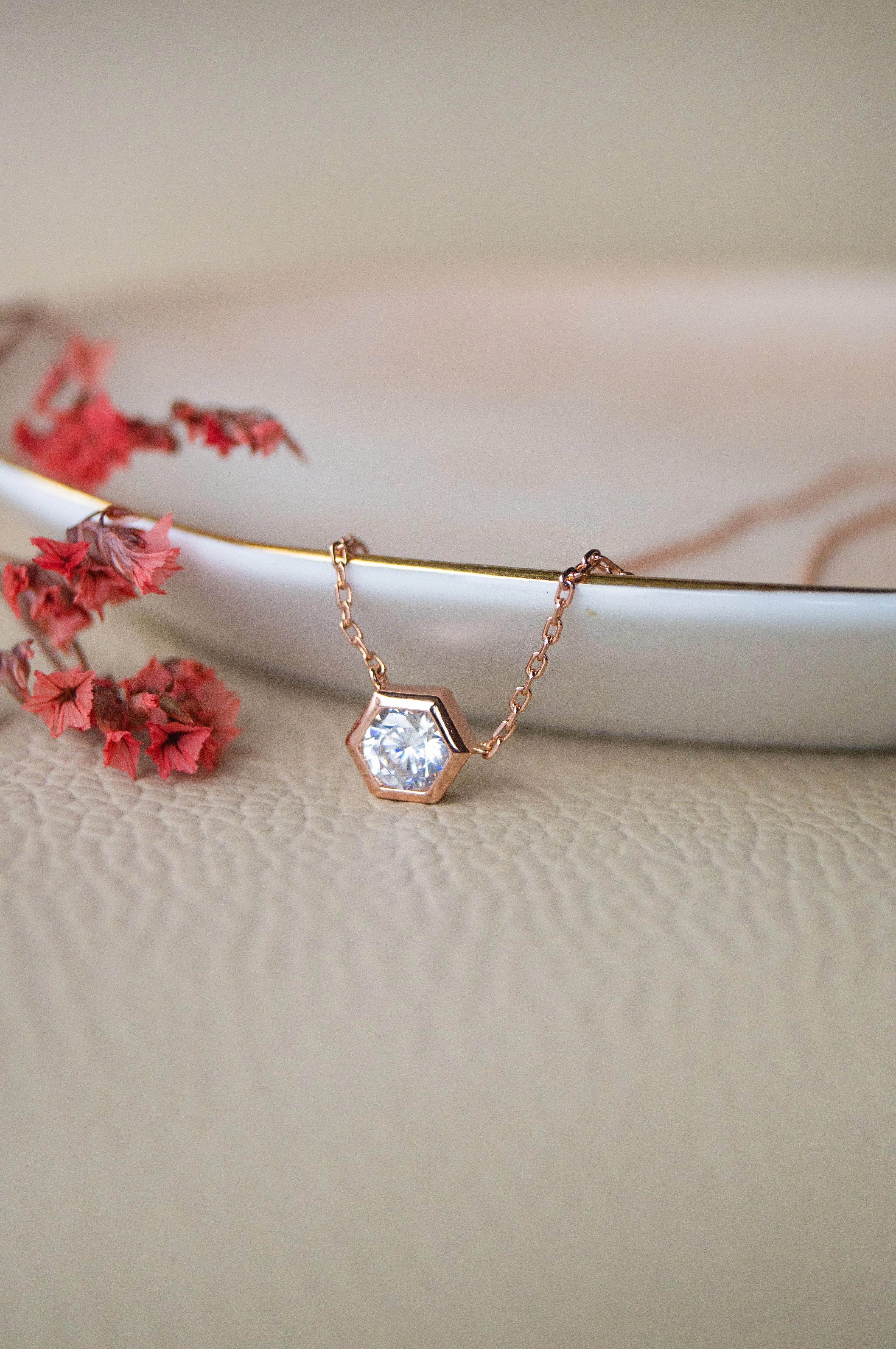 Hexagon Solitaire Bling Rose Gold Plated Sterling Silver Chain Necklace