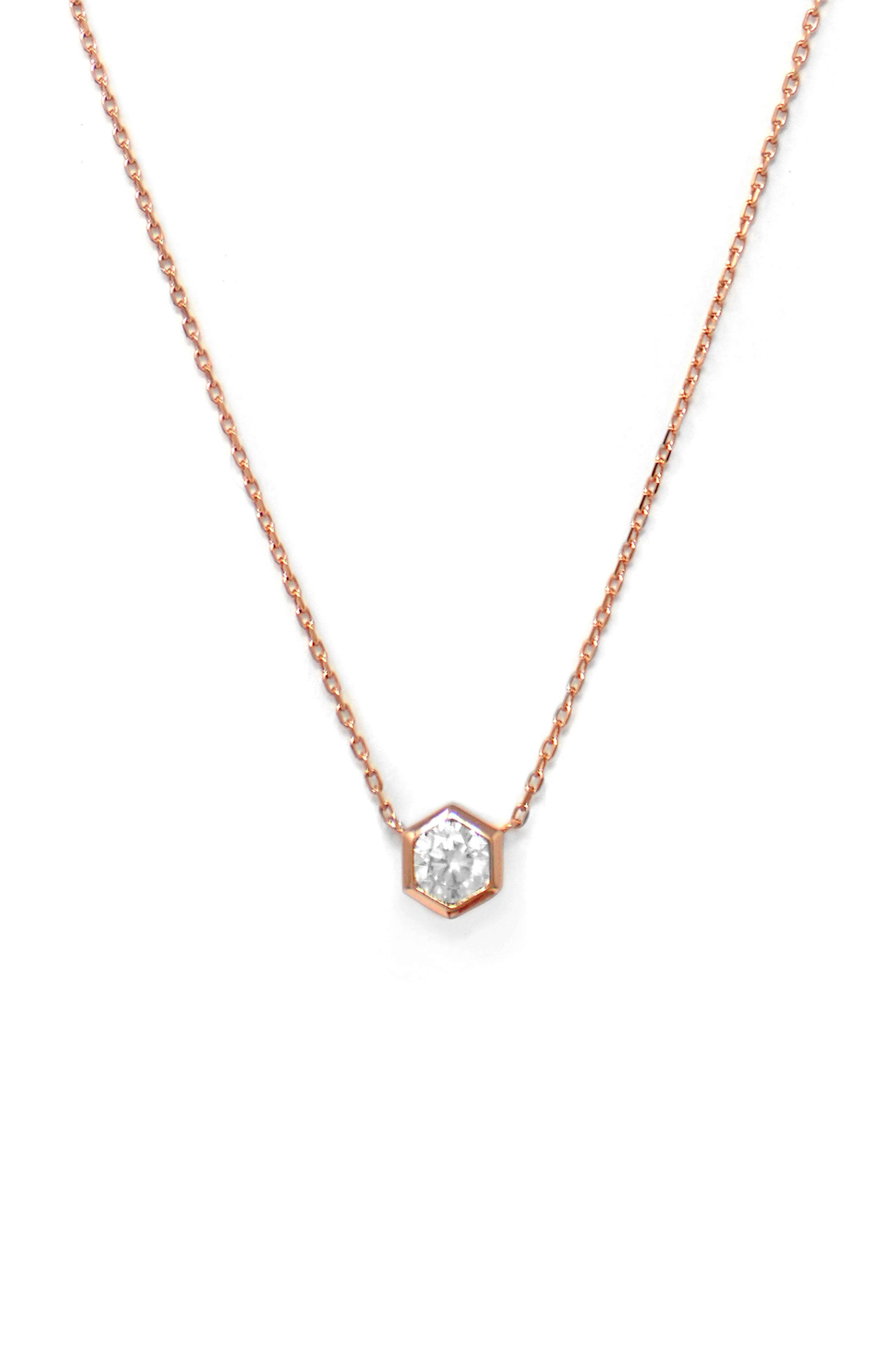 Hexagon Solitaire Bling Rose Gold Plated Sterling Silver Chain Necklace