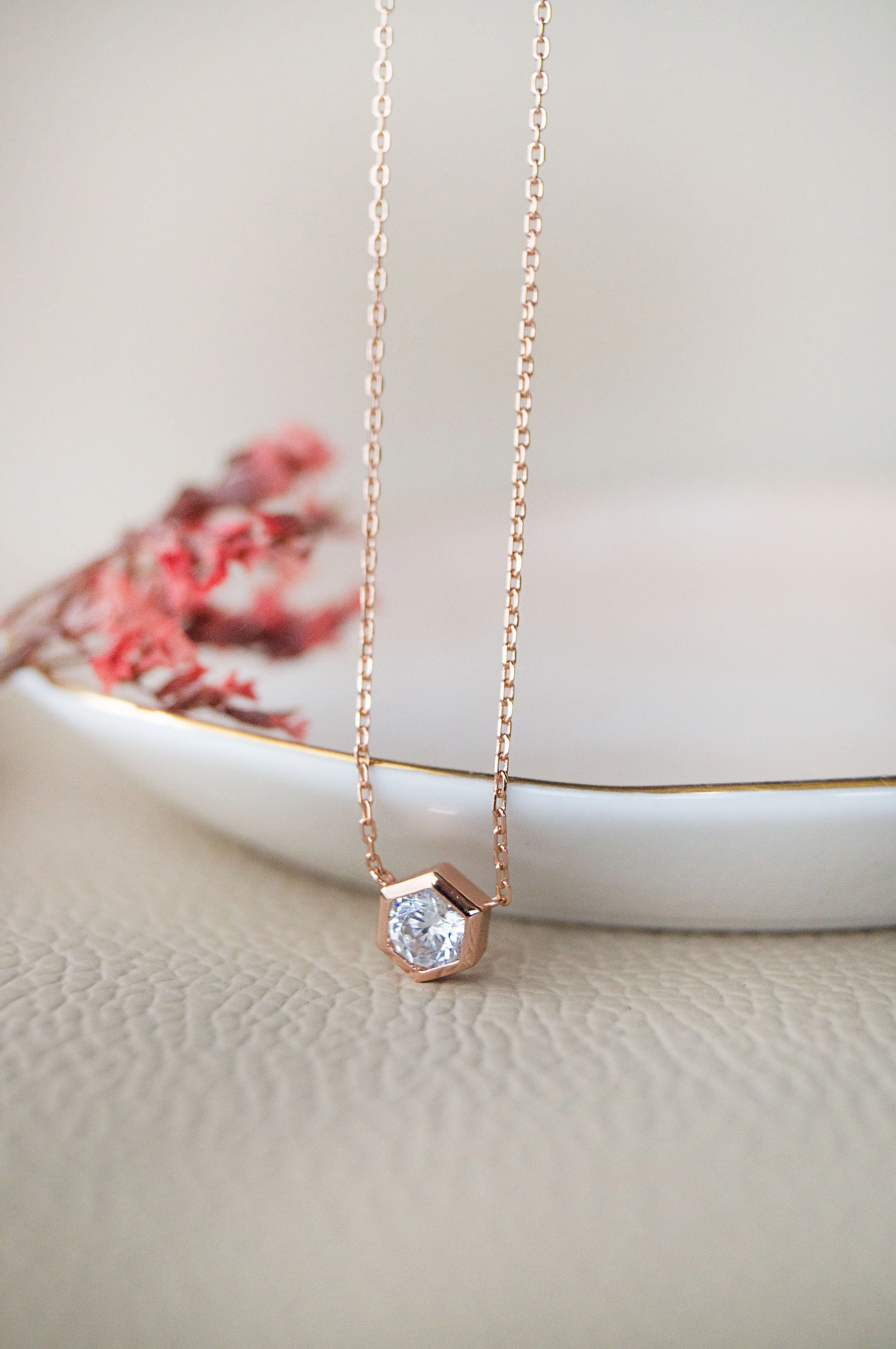 Hexagon Solitaire Bling Rose Gold Plated Sterling Silver Chain Necklace