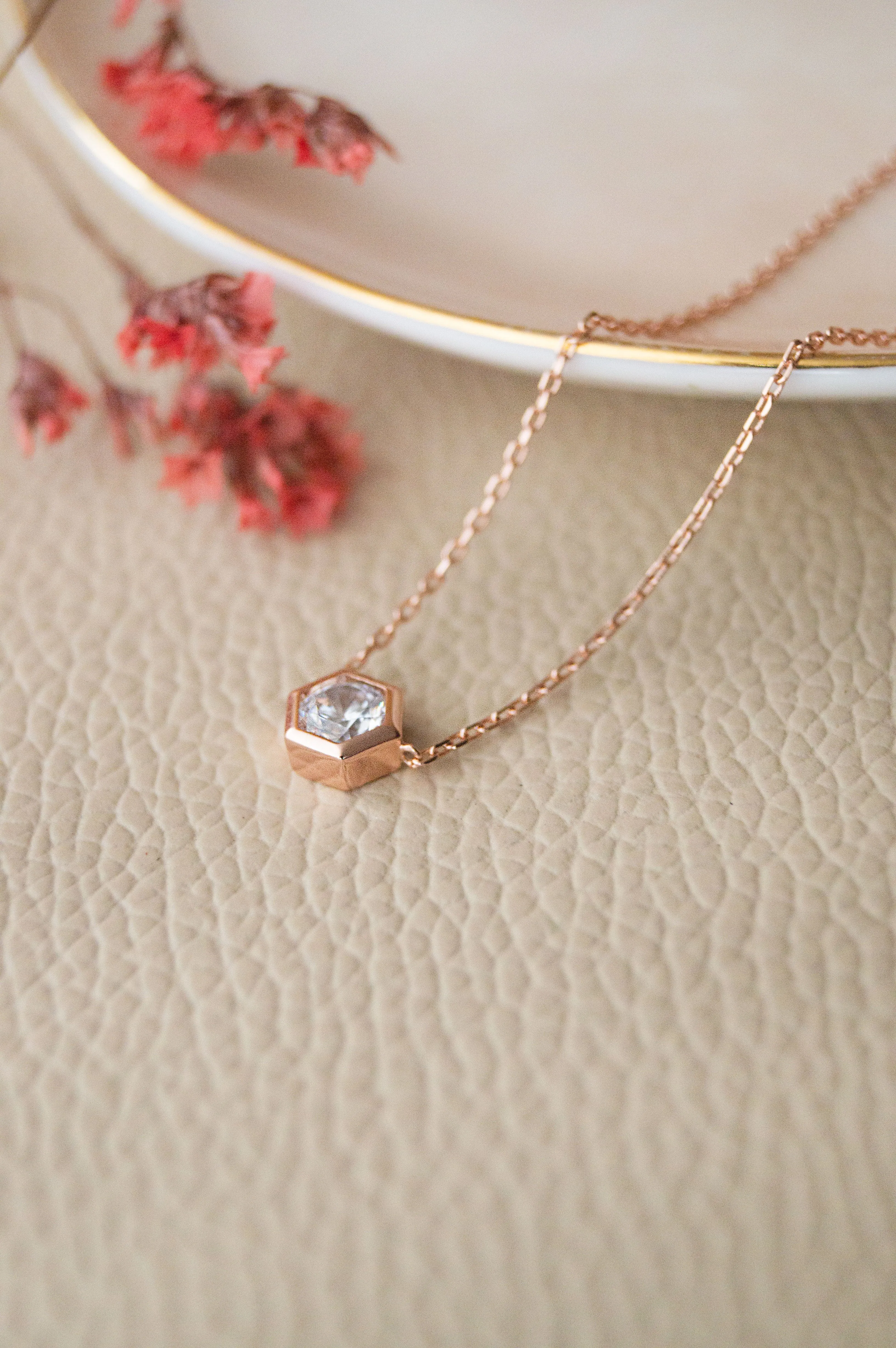 Hexagon Solitaire Bling Rose Gold Plated Sterling Silver Chain Necklace