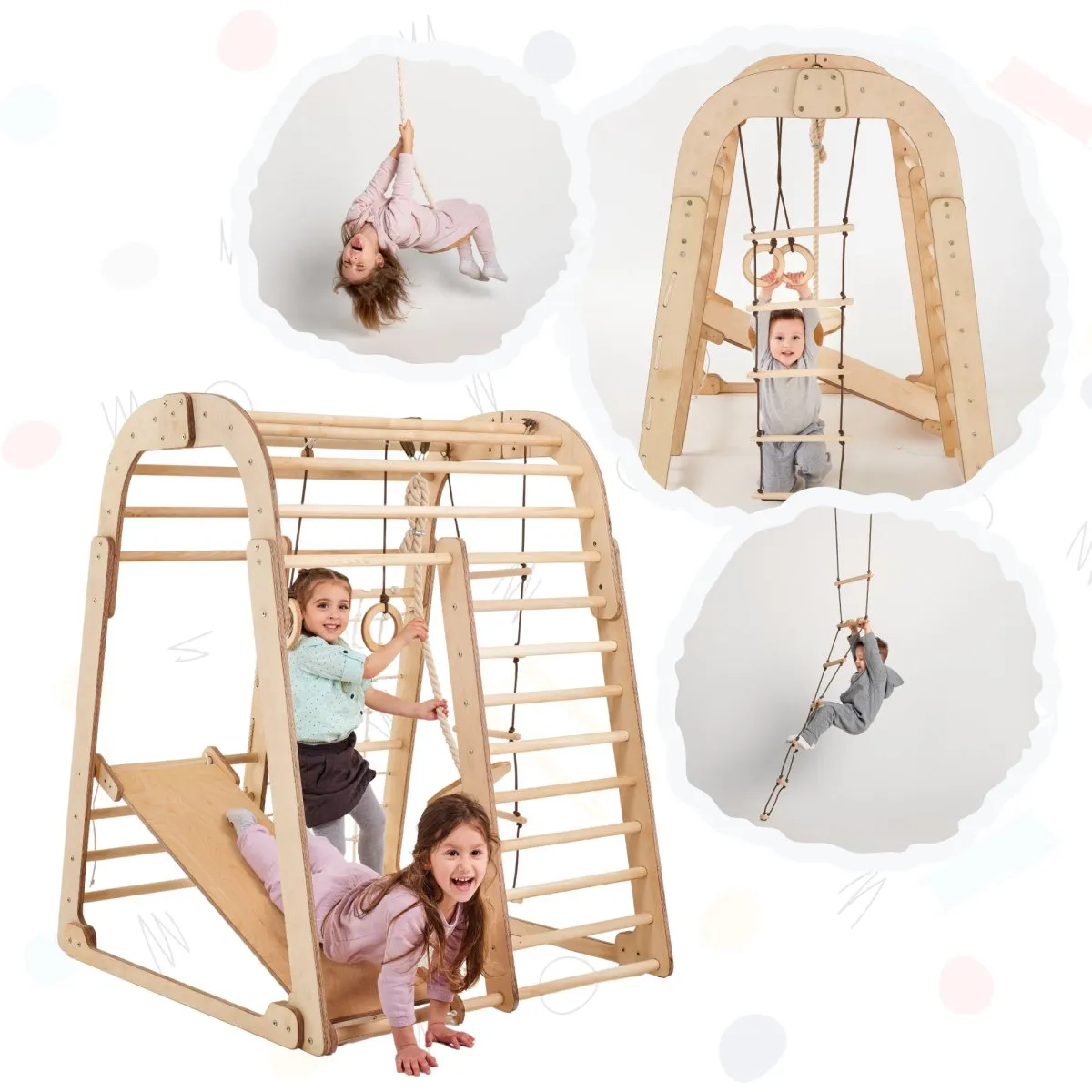 Indoor Wooden 6-in-1 Playground   Swings Set   Slide Board