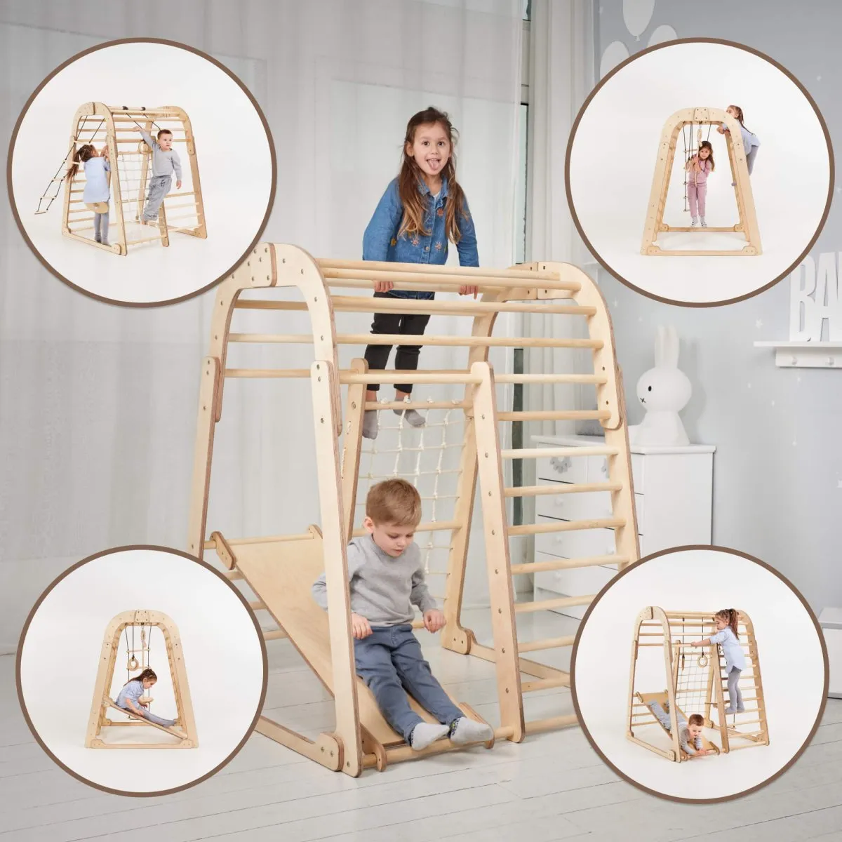 Indoor Wooden 6-in-1 Playground   Swings Set   Slide Board