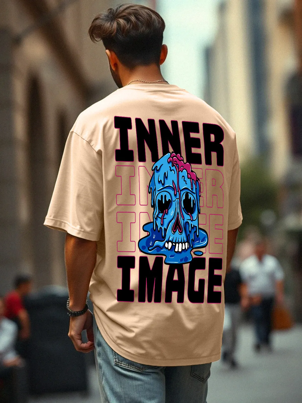 INNER IMAGE Beige Oversized Back Graphic Printed Tshirt