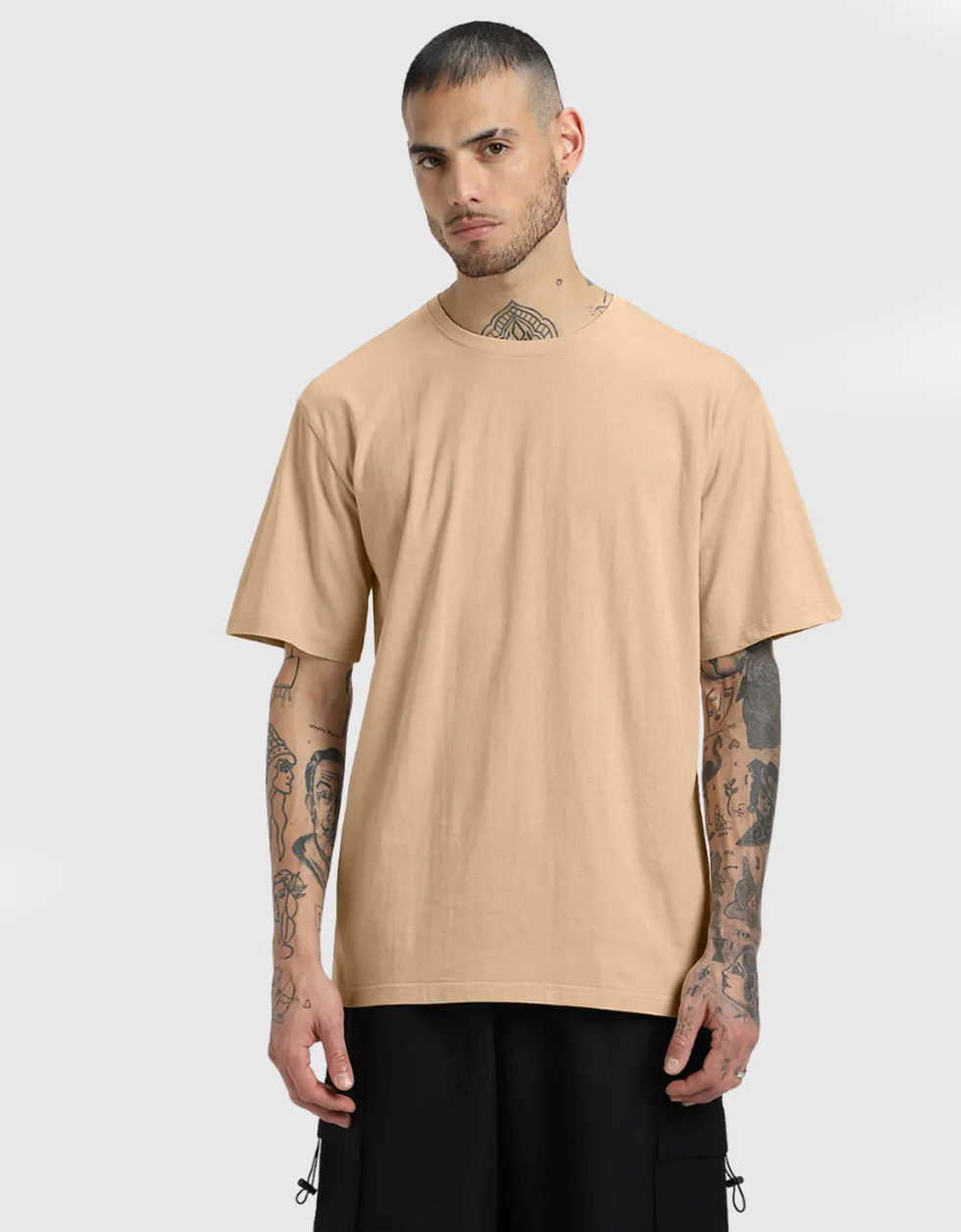 INNER IMAGE Beige Oversized Back Graphic Printed Tshirt