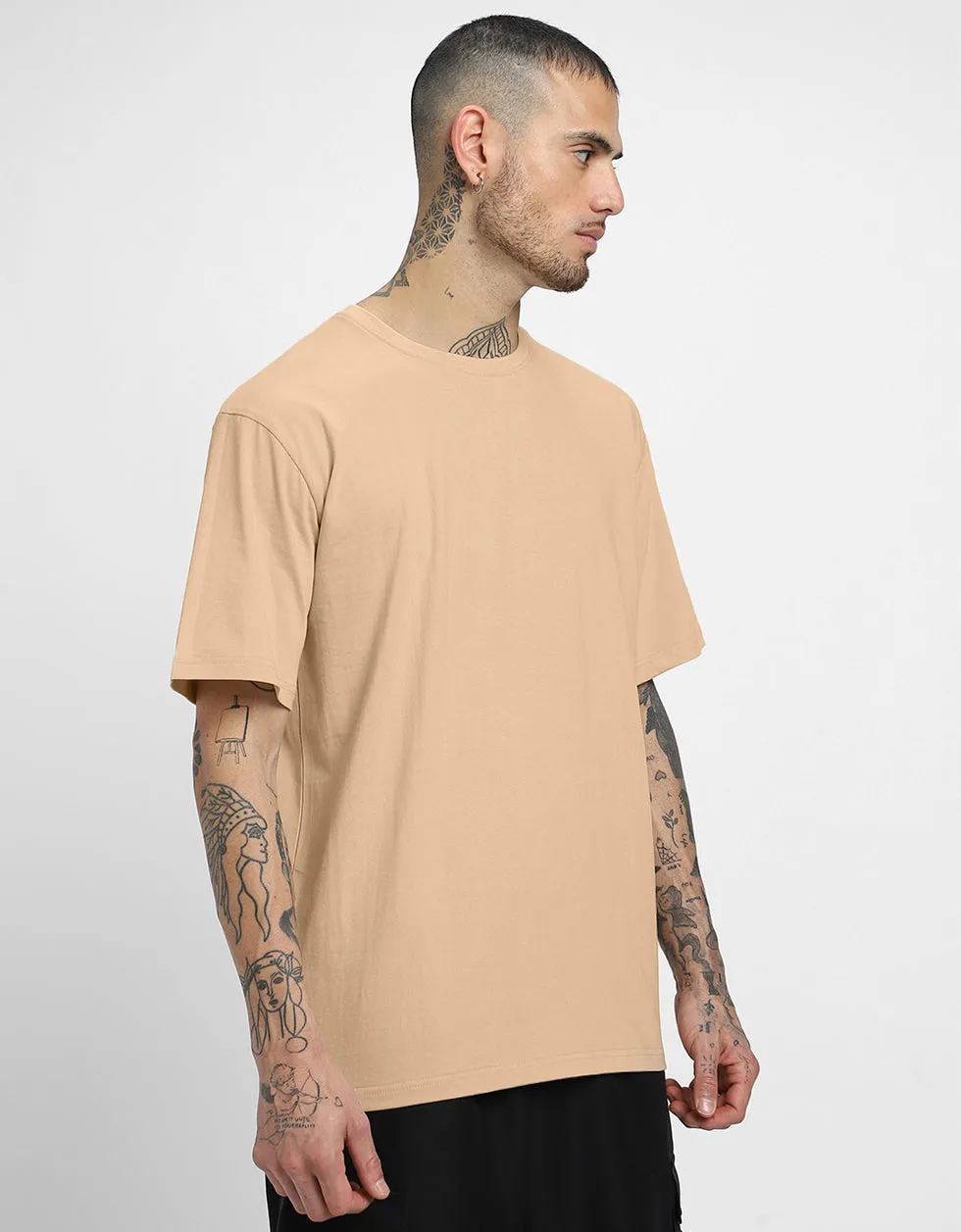 INNER IMAGE Beige Oversized Back Graphic Printed Tshirt