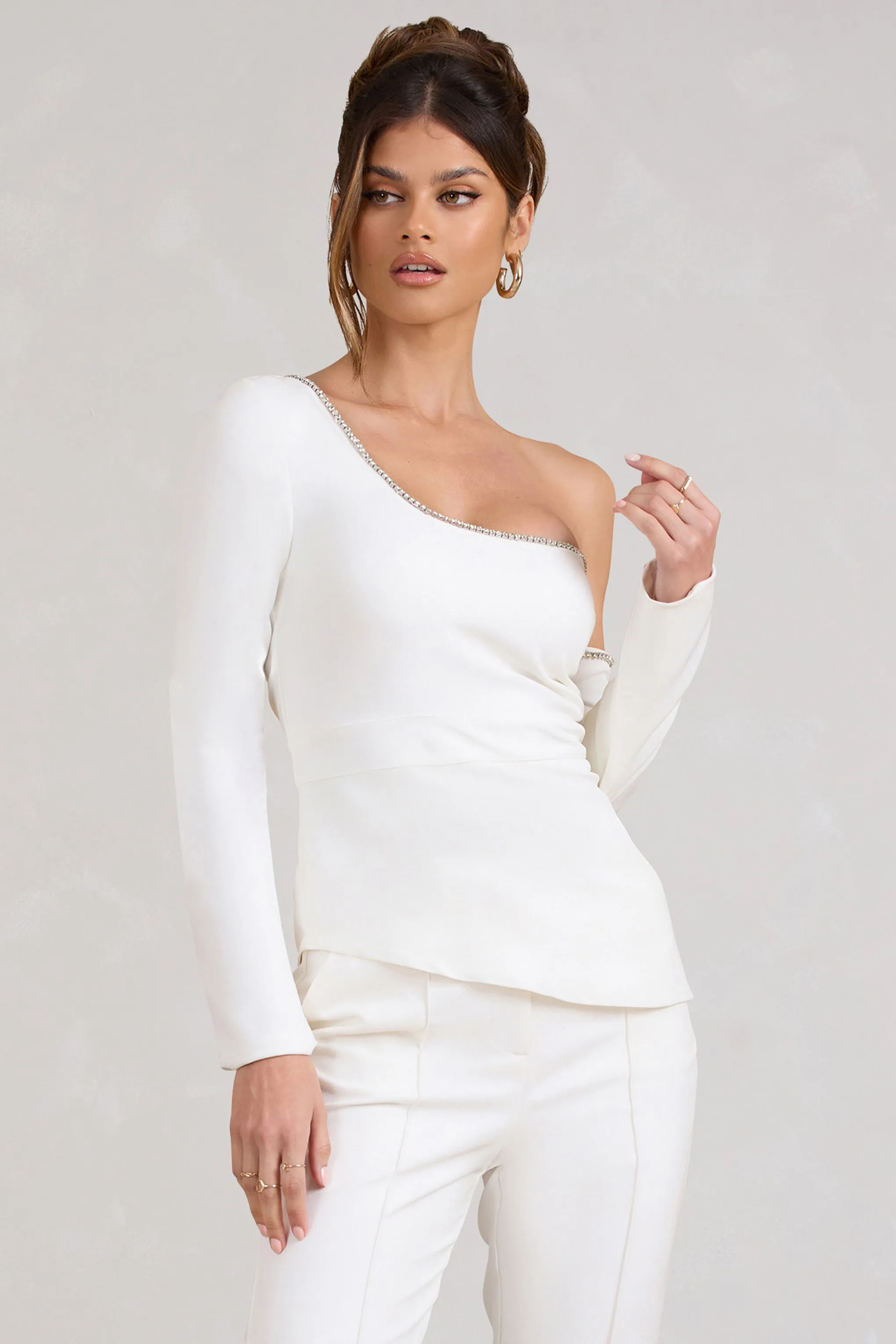 Lena | White Asymmetric Top With Diamante Trim