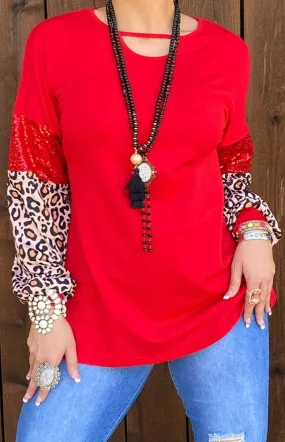 Medium : Red Top with sequins and leopard long sleeves