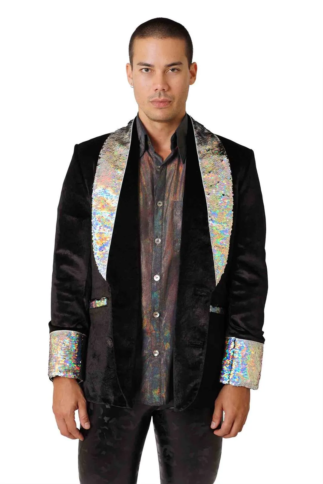 Mens Black Velvet Smoking Jacket - Holographic