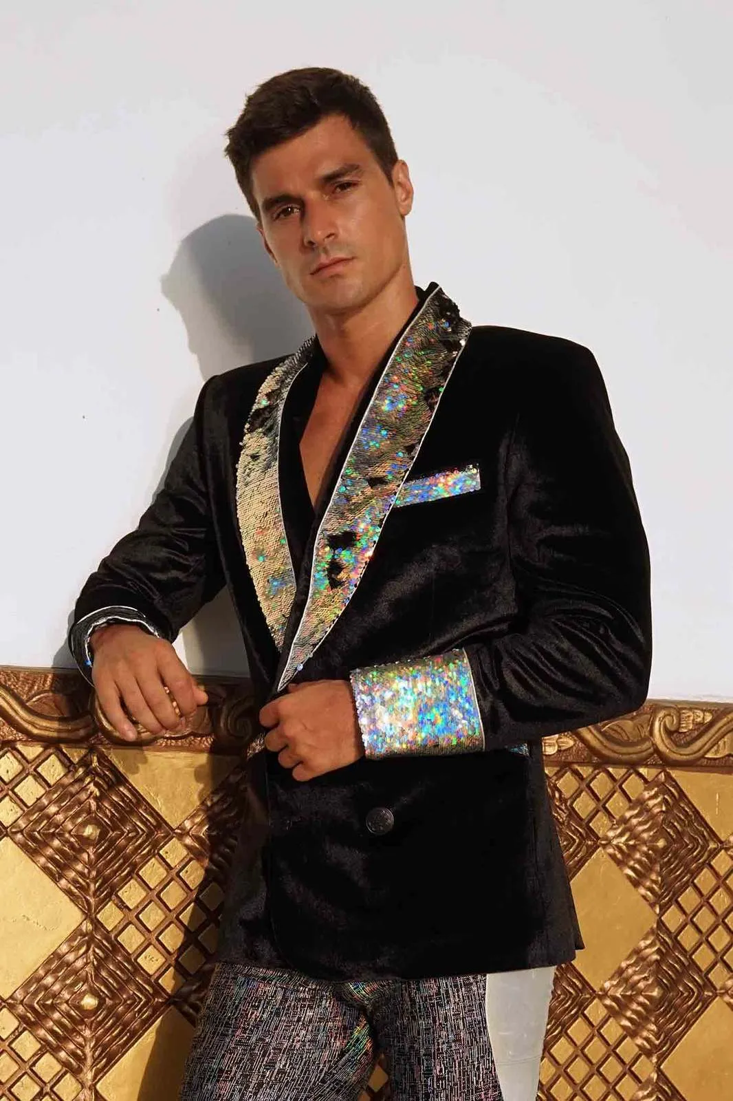 Mens Black Velvet Smoking Jacket - Holographic