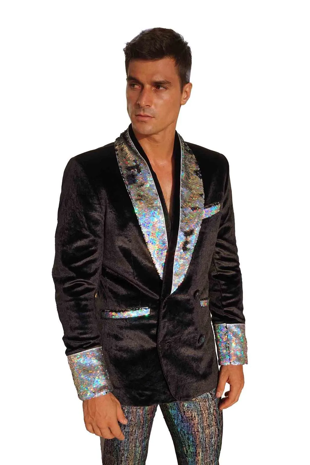 Mens Black Velvet Smoking Jacket - Holographic