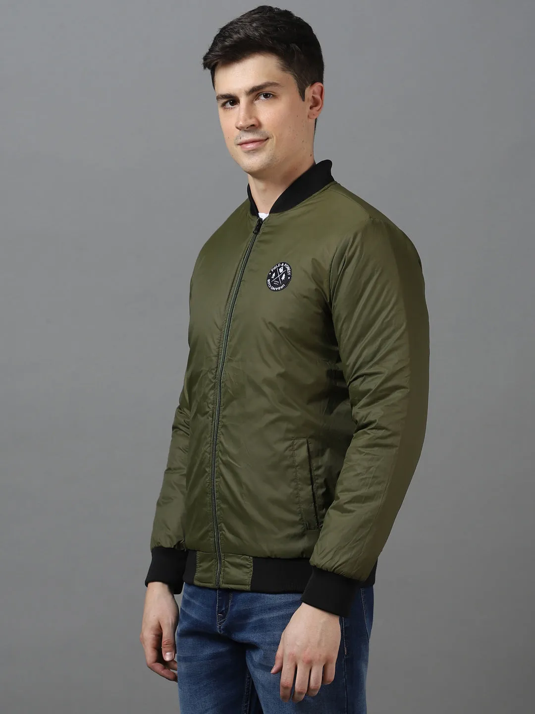 Men's Green Full Sleeve Zippered Bomber Jacket