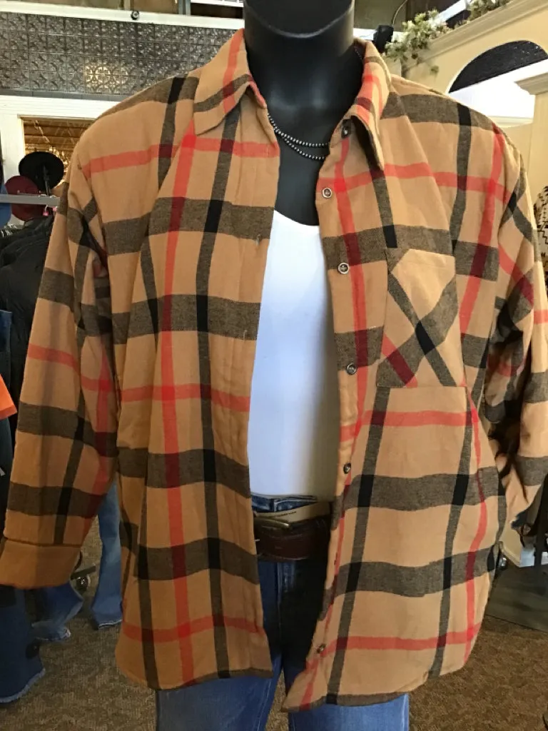 Mocha Plaid Fleece Lined Shirt Shacket - S to 3X