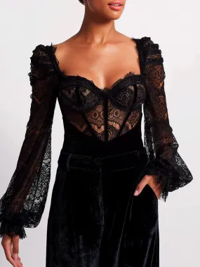 Patbo - Lace and Velvet Bodysuit -  Black